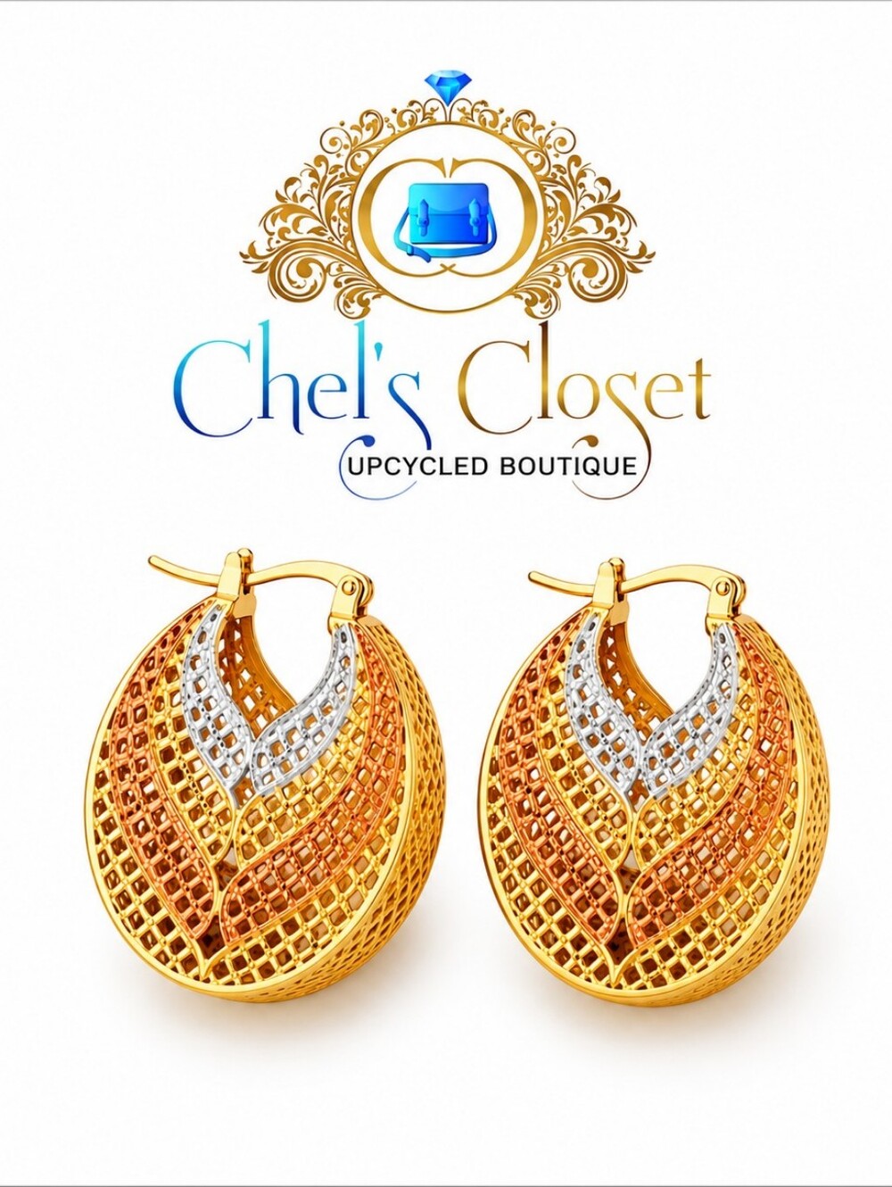 Tri-Tone Filigree Hoop Earrings - Gold, Rose, White